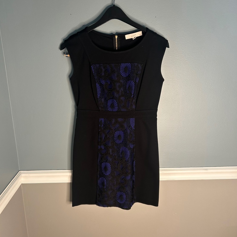 LOFT Black Dress Sheath‎ Lace Panel Career Party Petite Size 0P
